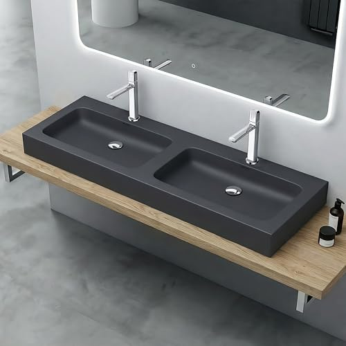 Mai & Mai Double Lavabo Suspendu Gris Noir Mat 140cm Vasque à Poser Pour 2 Évier Lave Mains Salle de Bain avec Trop-Plein Col830