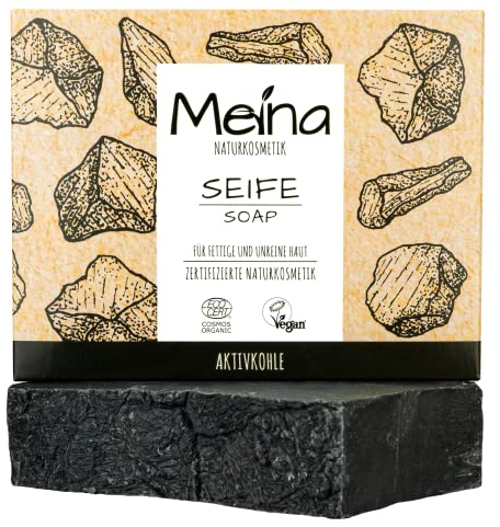 Meina Schwarze Seife mit Aktivkohle gegen Pickel und Akne, 100% Natürlich, Naturseife für fettige und unreine Haut ohne Palmöl, Bio Zertifiziert, Vegan, Nachhaltig, Handgemacht, 100g