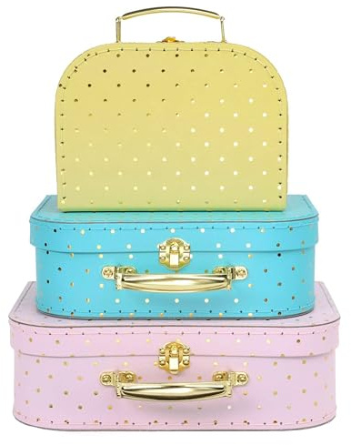 Jewelkeeper - Valigie in Cartoncino, Set da 3 – Scatole Regalo Portaoggetti Impilabili per Compleanno Matrimonio Natale Nursery Ufficio Decorazione Vetrine Giocattoli - Disegno a Pois in Lamina d'Oro