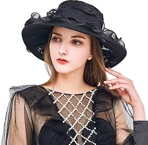 Damen Organza Hut Wide Brim Sonnenhut Blumen Schlapphut Sonnenschutz Strandhut mit Kinnriemen Sommerhut UV-Schutz Sonnenmütze Fascinator Hut Elegant Kappe für Urlaub Hochzeit Kirche Party (Schwarz)