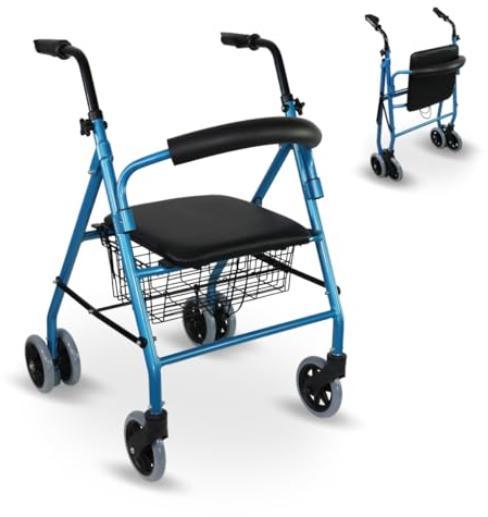 Mobiclinic®, Andador para ancianos, Modelo prado, Rollator, De aluminio, Ligero y plegable, Frenos por presión, Con asiento, Cesta 4 ruedas, Caminador mayores, Marca española, Color azul