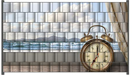Wallario Zaun Sichtschutz Windschutz für EIN- und Doppelstabmattenzäune in der Größe Breite 2,50m x Höhe 1,40m, Motiv: Guten Morgen SAGT das Meer - Wecker und Vorhang am Fenster