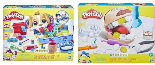 Play-Doh Tierarzt Spielset mit Spielzeughund, Tragebox, 10 Knetwerkzeugen und 5 Farben & F1259 Zahnarzt Dr. Wackelzahn, Spielzeug für Kinder ab 3 Jahren mit Kariesknete und metallfarbener Knete