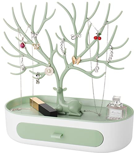 Espositore Gioielli penobon, Porta Orecchini in Plastica con Cassetto , Porta Gioielli di Albero per Collane, Orecchini, Bracciali, Anelli (Verde + Bianco)