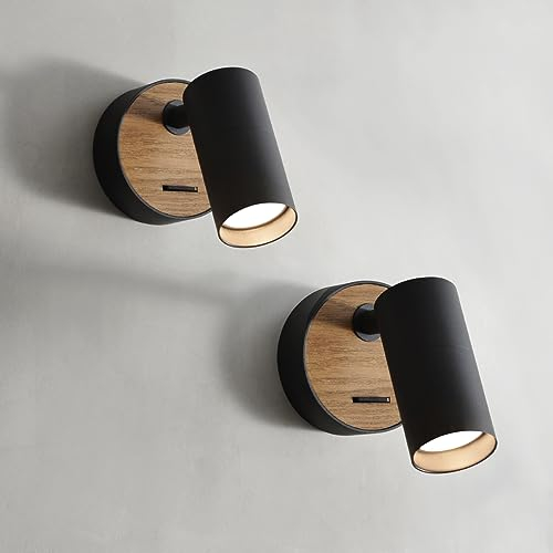 ouglres Nero Lampada Da Parete Con Interruttore, 2 Pack Lampada Da Parete In Legno In Design Retro Wall Spot In Alluminio,Interior Lighting Soggiorno Camera Da Letto, Gu10 (Lampadina Non Inclusa)
