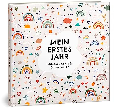 Mein erstes Jahr Babyalbum - Hochwertiges Babytagebuch mit Prägung für die schönsten Erinnerungen - Erinnerungsbuch zum Eintragen für das erste Lebensjahr - Baby Geschenk zur Geburt: Boho Regenbogen