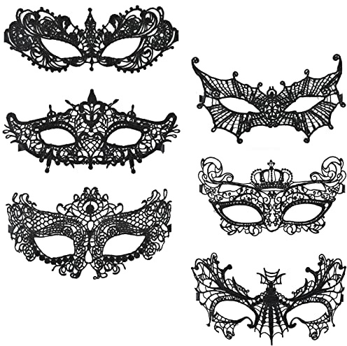 Disnace 6 Stück Damen Spitze Halloween Augenmaske - Venezianische Sexy Lace Maske für Karneval Party Kostüm Ball Cosplay - Schwarz