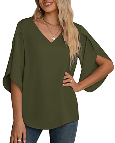 Yommay Chiffongblus för kvinnor damtoppar elegant ledig lös 3/4 veckad delad ärm V-hals sommarblus t-shirts, Armégrönt, L