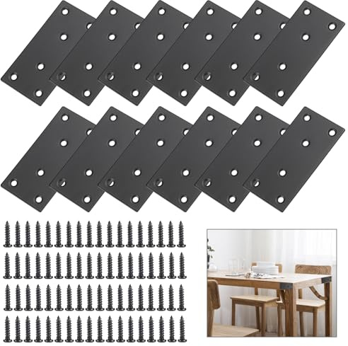 Sumnacon Mending Plate-12Pcs Stainless Steel Flat Plates with Screws,4x2 Inch Sturdy Metal Flat Straight Brace Bracket, Black Metal Brace for Wood Furniture Shelf Connect Repair Fix Joint Reinforce