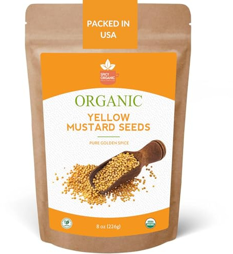 Spicy Organic Yellow Mustard Seed – 8oz (227G) Whole Seeds for Pickling, Spice Blends, Sauces & Cooking |USDA Organic, Non-GMO, Kosher, Additive-Free, Product of India, Resealable Bag
