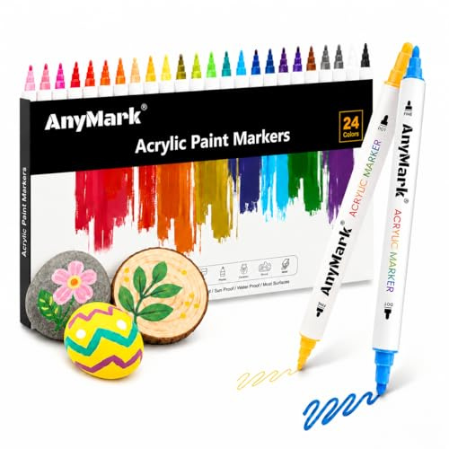 AnyMark 24 Couleurs Feutre Acrylique, Marqueurs Acryliques à Double Pointe avec Pointe Ronde et Pointe Fine, Stylos Acryliques pour Bois, Galets, Papier, Tissu, Verre, Oeuf
