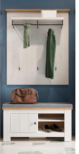 Lomadox Garderoben Set mit Paneel und Sitzbank, weiß mit Eiche - Flurgarderobe im Landhausstil