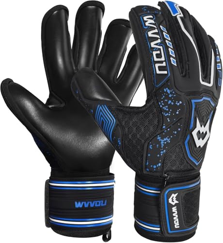 WVVOU Torwarthandschuhe Kinder und Herren Größe 6-9 Schwarz, Abnehmbarer Fingersave, 4+3 mm Latex, rutschfest, Fußball-Training und Spielbetrieb, Atmungsaktives Netz