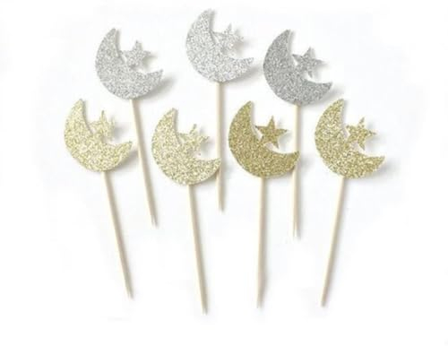 7 Eid Mubarak Cupcake Toppers Gold Silver Glitter Moon Star Eid Cake Topper, Eid Cupcake Charms, Eid Decorations UK