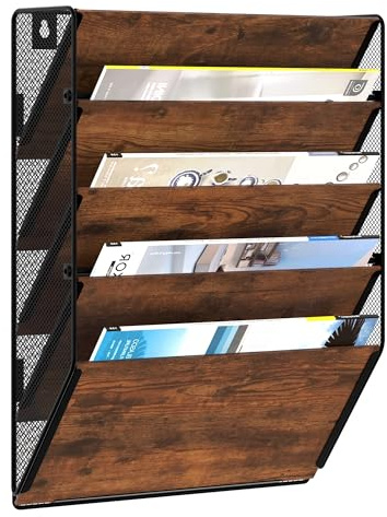 Senhoglb A4 Metall Zeitungshalter Wand, 5-stöckig Netz-Hängeregister, Holz Zeitschriftenständer, Dokumenten Organizer, Wandhalterung Aktenhalter, Prospekthalter Wand für Büro, Antik Braun