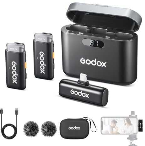 Godox WES1 Kit2 Kabelloses Lavalier Mikrofon für iPhone/Lightning | 2 Sendern 1 Empfänger Ladeschale, Intelligente Rauschunterdrückung, 48kHz/16bit Aufnahmequalität, 200m Reichweite