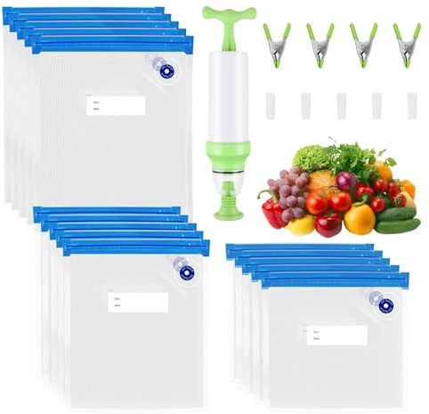 15 Stück Vakuumbeutel Lebensmittel mit Ventil Reißverschluss Sous Vide Beutel mit Pumpe Vakuum Beutel 3 Größen 5 Verschlussklammern und 4 Sous Vide-Clips zur Aufbewahrung von Lebensmitteln