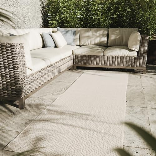Interiyou Outdoor Teppich Wetterfest Lome - Läufer 80x300 cm Weiß - Wasserfest für Balkon, Terrasse, Garten - Outdoorteppich passend auch für Wohnzimmer, Schlafzimmer und Küche - Aussenteppich