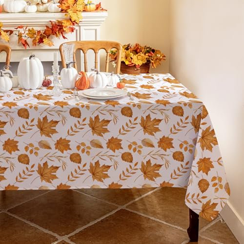 Romanstile Tischdecke Herbst 240x140 cm Abwaschbar Weiß Tischdecken mit Orange Ahornblatt Läufer Modern Große Tischtuch Outdoor Wasserabweisend Tischwäsche Herbstdeko für Geburtstag Party Garten