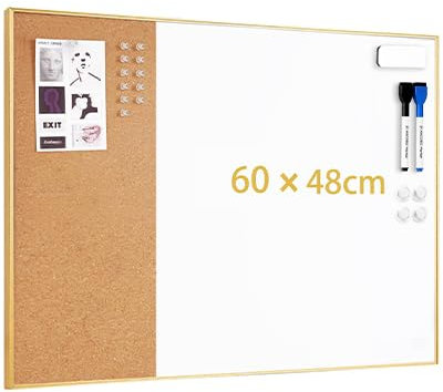 ARCOBIS trocken abwischbare Korktafel-Kombination, 60 x 45 cm, Bulletin Whiteboard für die Wand, magnetische Korktafel, Whiteboard-Kombination, Vision Board für Büro, Zuhause, Schule, Goldrahmen