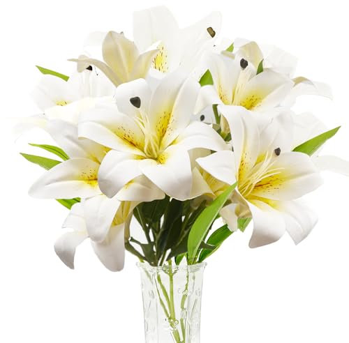 SNAIL GARDEN 11 Heads White Artificial Lilies Flowers, Long Stem Artificial Lilies,Full Bloom Lily,Tiger Lily Bouquets for Home Hotel Flower Arrangement Party Decor(White Yellow)