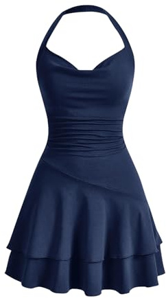 SweatyRocks Mini abito da donna linea A, abito con volant, senza maniche, multistrato, per il tempo libero, Blu scuro, S