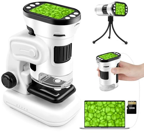 NZQXJXZ 3-in-1 Mikroskop für Kinder und Erwachsene, 200-1000X Wiederaufladbares Digital Mikroskop für Foto und Videoaufnahmen, Tragbares Minimikroskop mit 2,0 Zoll HD-Bildschirm und 32G-TF-Karte