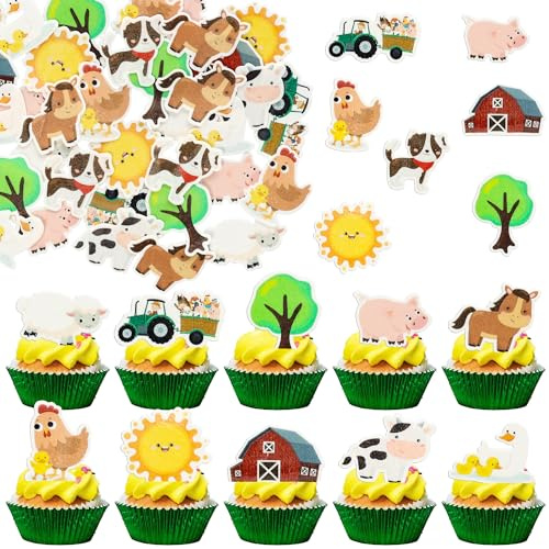 Gyufise 55Pcs Edible Farm Theme Cupcake Toppers Wafer Paper Animal Cartoon Tractor Barnyard Cupcake Toppers Dessert Muffin Cake Picks Cake Decoration for Baby Shower Birthday Party Decoration Multi