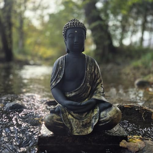 FABRIQ Buddha Figur 38 cm – 12 kg Steinguss – Gold-Schwarz – Wetterfest – Zen & Feng-Shui Gartendeko