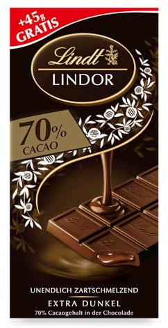 Lindt Schokolade LINDOR Tafel 70% Kakao, Promotion | 145g | Edelbitter-Schokolade mit einer unendlich zartschmelzenden Füllung | Schokoladentafel | Schokoladengeschenk