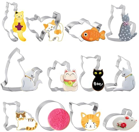 Sxutop 12 Stück Katze Ausstechformen Niedliche Katzenform Keksausstecher Plätzchenform Edelstahl Verschiedene Formen Cookie Cutter zum Ausstechen von Plätzchen Kekse Backen Fondant