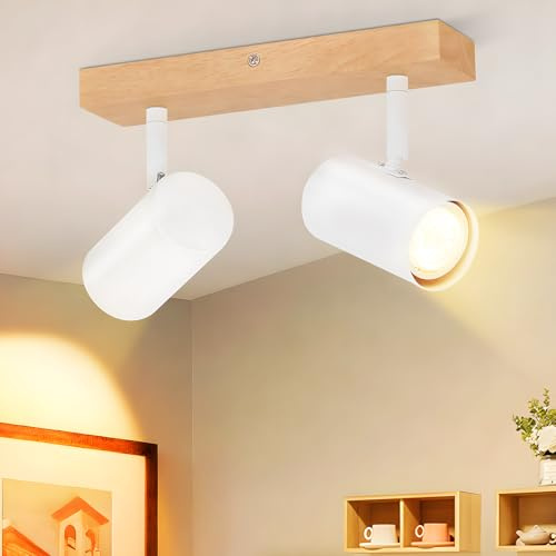 Glitzerlife Deckenstrahler 2 Flammig Holz Deckenleuchte - Deckenspots Flurlampe Deckenlampe GU10 Weiß Schwenkbar 350° Spotslight für Modern indoor Korridor Esszimmer Schlafzimmer Küchen Wohnzimmer