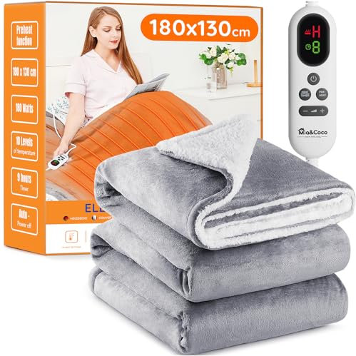 Mia&Coco Electric Heated Blanket Throw 130×180cm, Flannel Sherpa, Fast Heating, 10 Heat Levels, 9H Auto-Off, LED Controller, Overheat Protection, Machine Washable, ETL Certified, Grey