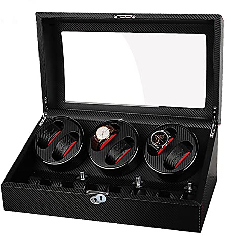 OOMRNV Uhrenvitrine, Uhrenbeweger Für 6 Uhren + 7 Uhren, Uhrenbeweger-Vitrinenbox Mit Motoren, Weiche, Flexible Uhrenkissen, Luxuriöse Aufbewahrungsbox Aus Kohlefase,
