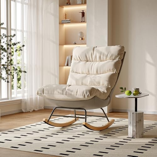 DAHUEN Schaukelstuhl, moderner gepolsterter mit hoher Rückenlehne, Relax Schaukelstuhl mit Beinen aus Holz, stillsessel babyzimmer, gepolstert, Metall, für Wohnzimmer, Schlafzimmer, Balkon (Weiß)