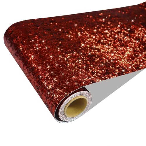 CRE8TIVE Rot Glitzer Tapete Selbstklebend Klebefolie Möbel Strukturtapete Dick Folie Selbstklebende Bordüre Vintage Klebefolie Badezimmer Wasserfest Küche DIY Spiegel Packpapier Schrank 20cm x 200cm