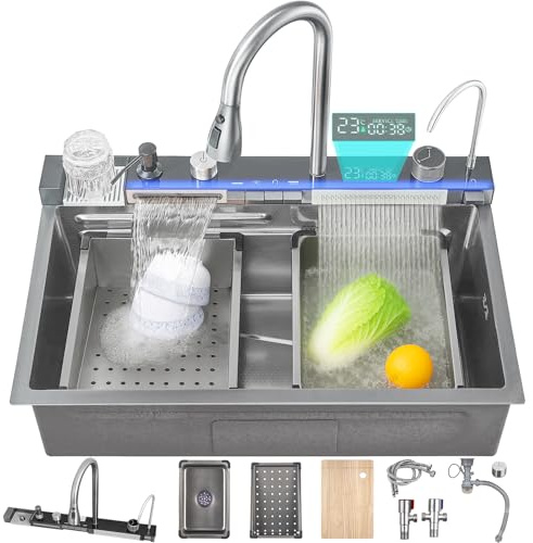 Ribanedy 80 cm Lavello da cucina intelligente in acciaio inossidabile 304, lavello moderno multifunzionale a cascata con rubinetto integrato con display digitale, lavatazze e set di accessori