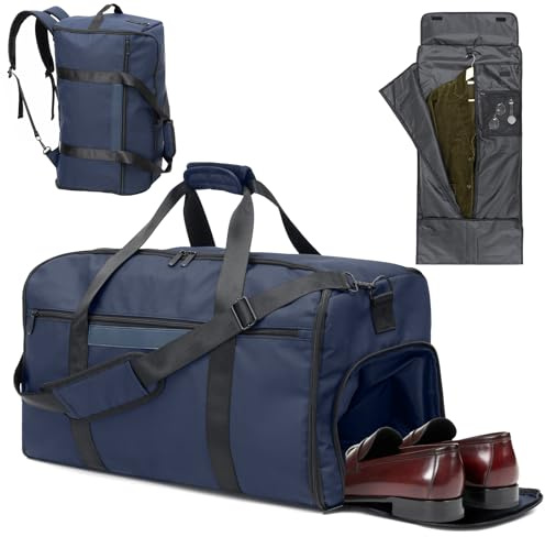 GARPROVM Reisetasche Anzugtasche, 4 in 1 Umwandelbar Kleidertaschen mit Schuhfach Abnehmbar Anzugsack Faltbar Handgepäck Rucksack, Wasserdicht Wochenende Kleidersack Tasche, Marineblau