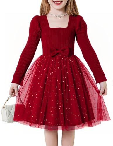 JiAmy Girl's Dresses Long Sleeve Square Neck Ruched Kids Princess Tulle Sequins Toddler Party Dress for Girl Elegant Bownot Occasion Wedding Birthday Clothing 6-7 Years, Red