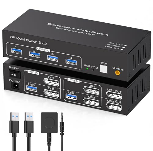 TJCXELE 8K60Hz Displayport KVM Switch 2 PC 2 Monitore 4K120Hz USB 3.0 DP 1.4 KVM Switch für Zwei Computer Teilen Sie Dual Monitor und 4 USB-Geräte Unterstützt erweiterten Modus und Kopiermodus - Black