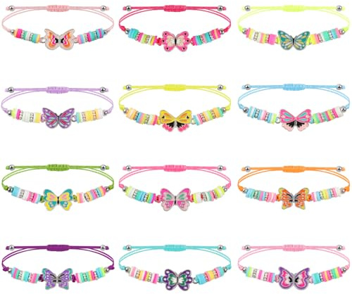 12 Stück Freundschaftsarmbänder, Armband Kinder mit Schmetterling Anhänger | Instellbare Geflochten Perlen Armbänder Set, Bunte Gastgeschenk Kindergeburtstag für Mädchen Jungen Kinder Mitgebsel