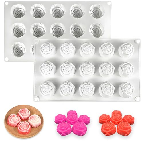 CHENNAN Moule en silicone en forme de rose avec 15 cavités Moule à gâteau en silicone en forme de pétales Moule à mini-mousse pour Mousse Puddin Muffin Gâteau Chocolat Et Mousses Desserts (Rose)