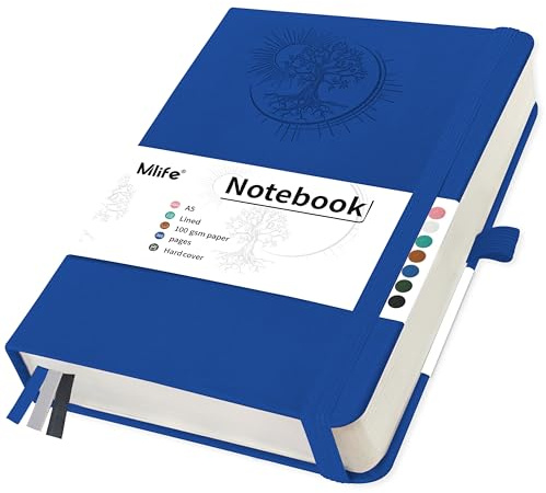 Mlife A5 Linjerat Anteckningsblock Med Livets Träd-Motiv, 360 Sidor, 100 G/M² Linjerat Papper, Anteckningsblock Med Pu-Omslag, Resårband, Pennhållare, 3 Bokmärken, 14,6 * 21,3 Cm (Blå)
