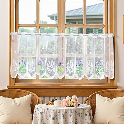 FOSDICK Kitchen Curtains for Windows Small, Drop Lace Cafe Curtains with Lavender Pattern, Short Curtain for Kitchen Bathroom Cupboard Baset Sink Basement Half Window Rod Pocket (1 Piece, 153 x 48 cm)
