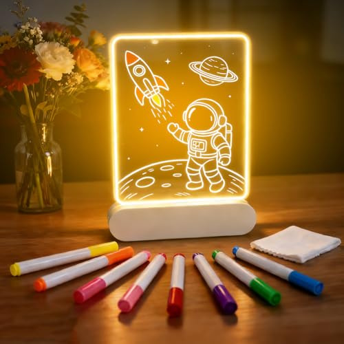 Lavagna per appunti a LED con colori, 22 x 15 cm, in acrilico trasparente, ricaricabile, con 7 penne e soffiatore da disegno con storie, lavagne con LED luminose, regalo creativo per bambini