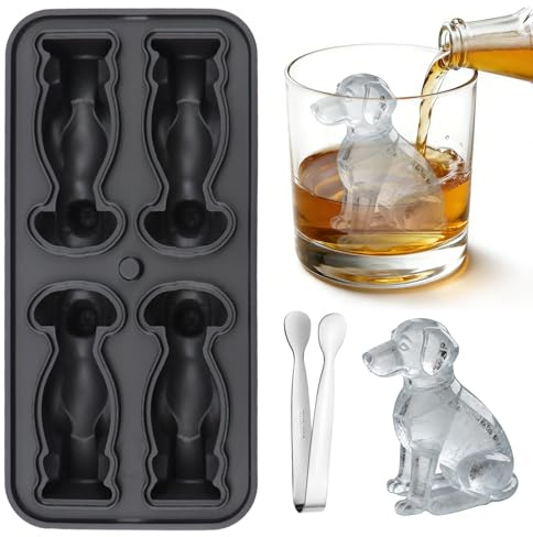KASURE Eiswürfelform Silikon, 4-Fach Labrador Eiswürfel form Schwarze Eiswürfelform Mit Deckel Wiederverwendbar Eiswürfel Form für Cocktail Whisky Obst Wein Kaffee