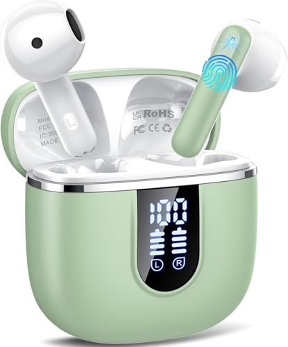 Auriculares Inalambricos Bluetooth 5.4, Auriculares Bluetooth con 4 Mic ENC Reducción de Ruido, 40H Cascos Inalambricos Bluetooth con HiFi Estéreo, Pantalla LED, IP7 Impermeable Audifonos USB-C Verde