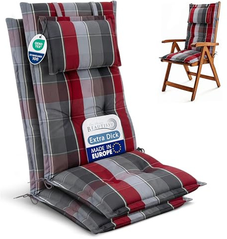 Beautissu 2er Set Gartenstuhlauflagen Hochlehner Auflagen UV-Lichtecht | 120x50cm 7cm Polster Grau Rot Hellblau Kariert Sitzauflagen Sitzpolster Gartenmöbel Gartenstuhl Auflage HighLux HL