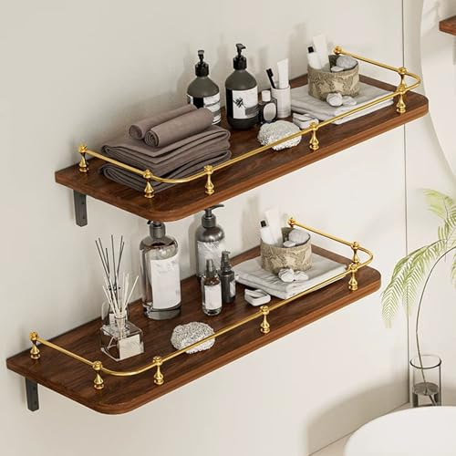 2 Pack Mounted Floating Wall Shelves, Floating Bookshelf with Decorative Metal Railings, Display Shelves for Bathroom, Kitchen, Living Room, Entryway