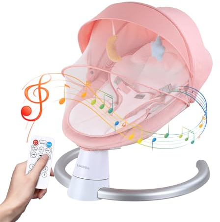 Electric Baby Bouncer with Bluetooth, Baby Bouncer Chair with 5 Swing Speed, 3-Stage Timer and Remote Control, Portable Swing Chair from Birth for Newborn Boys Girls (Pink)